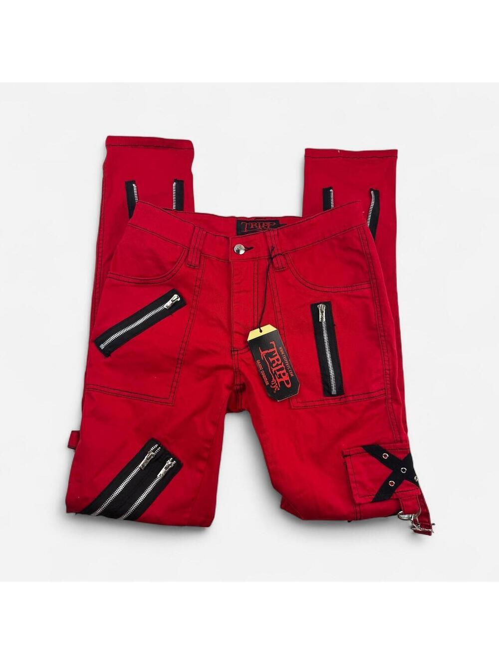 Tripp NYC Y2K Split Leg Zipper Strap Bondage Pants in Red